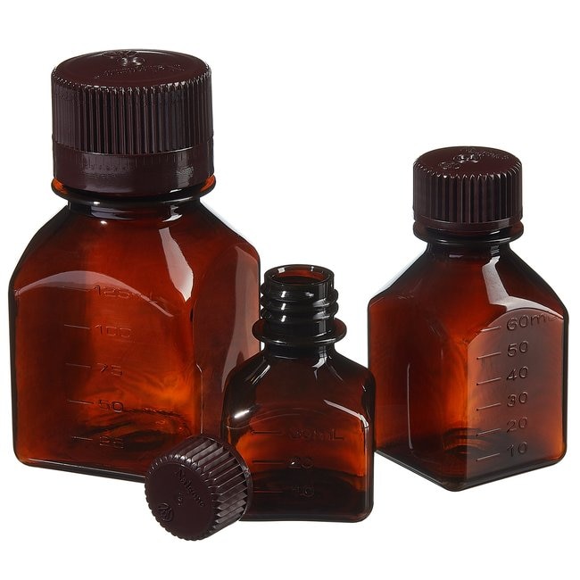 Nalgene™ 方型棕色带盖 PETG 培养基瓶：未灭菌、热塑托盘装包装