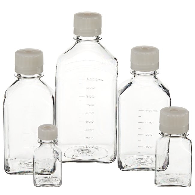 Nalgene™ PETG 带隔膜盖方型培养基瓶： 无菌、收缩薄膜托盘