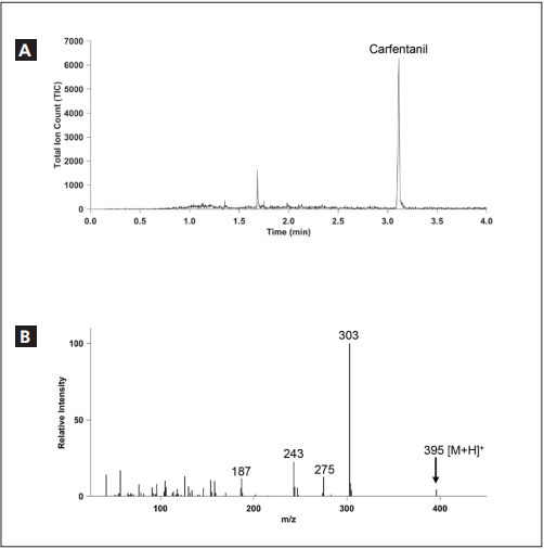 图 3. 浓度为 100 mg/mL 卡芬太 尼标准溶液的总离子流图（A）。   卡芬太 尼的阳性的质谱图，其准分子离子峰为 m/z 395（B）.png
