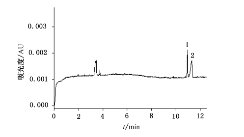 图3 苄索氯铵和PHMB混合标准溶液电泳图，1—苄索氯铵（5 mg/L）；2—PHMB（5 mg/L）.png