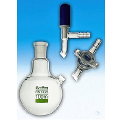Collecting flasks, acc. to Schlenck, round bottom flask 25 ml,  ST 14/32, with lateral stopcock, hollow plug, bore 2,5 mm,  ST 14,5, with hose nozle 8 mm (angle 45°), with needle valve  stop