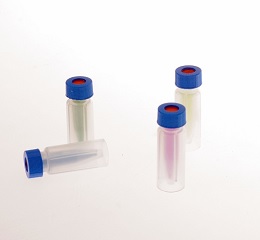 9mm 透明螺纹口自动进样瓶(带刻度、书写)，带蓝色有开孔拧盖，含红色PTFE/白色硅胶/红色PTFE隔垫