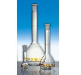 VOLUMETRIC FLASKS, 5 ML, DIN-A, CONFORMITY CERTIFIED,  RING MARKS, INSCRIPTION, AMBER STAIN GRADUATI