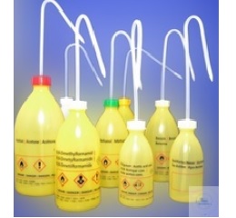 SAFETY WASHING BOTTLES,  250 ML, PE, W. SAFETY  DELIVERY JET, YELLOW,  'PETROLETHER' 