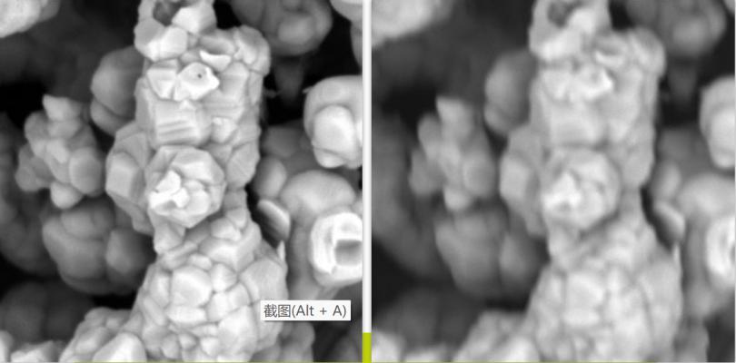 电极材料，扫描电镜放大倍数 50000 倍，左边图像无像散，右边图片有像散