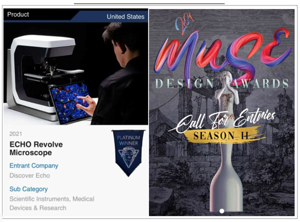 热烈祝贺ECHO Revolve正倒置一体电动荧光显微镜获得2021缪斯（MUSE）国际设计奖铂金奖