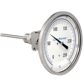 Cole-Parmer Industrial Silicone Filled Bimetal Thermometer, 5” Dial, Adjustable Angle, 6” Stem, 0-250°F (-20-120°C)