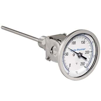 Cole-Parmer Industrial Bimetal Thermometer, 3” Dial, Adjustable Angle, 4” Stem, 0-250°F (-20-120°C)