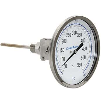 Cole-Parmer Industrial Silicone Filled Bimetal Thermometer 3” Dial, Adjustable Angle, 2 ½” Stem 50-550°F (10-290°C)