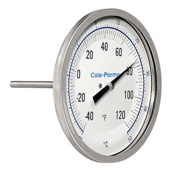 Cole-Parmer Industrial Bimetal Thermometer, 5” Dial, Back Connect,  12” Stem, -40/120F & -40/50C