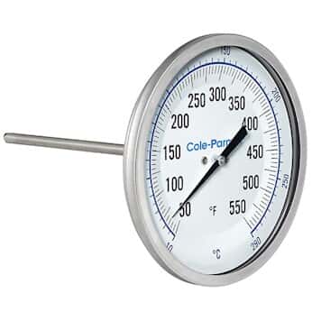 Cole-Parmer Industrial Bimetal Thermometer, 3” Dial, Back Connect,  4” Stem, 50/550F & 10/290C