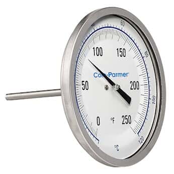 Cole-Parmer Industrial Bimetal Thermometer, 5” Dial, Back Connect,  9” Stem, 0/250F & -20/120C