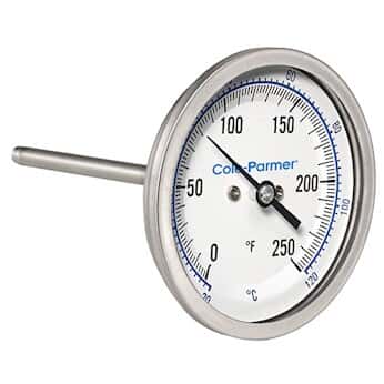 Cole-Parmer Industrial Silicone-Filled Bimetal Thermometer, 3” Dial, Back Connection, 12” Stem, 0/250F & -20/120C