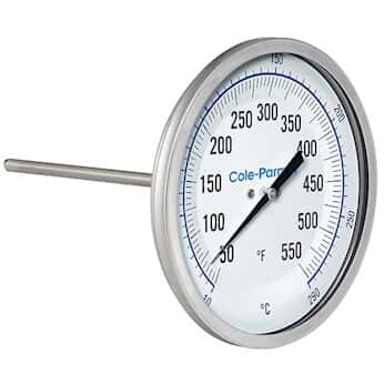 Cole-Parmer Industrial Silicone-Filled Bimetal Thermometer, 3” Dial, Back Connection, 2 ½” Stem, 50/550F & 10/290C