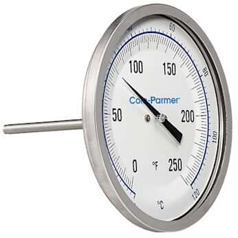 Cole-Parmer Industrial Silicone-Filled Bimetal Thermometer, 5” Dial, Back Connection, 9” Stem, 0/250F & -20/120C