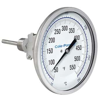 Cole-Parmer Industrial Silicone Filled Bimetal Thermometer, 5” Dial, Adjustable Angle, 12” Stem, 50-550°F (10-290°C)