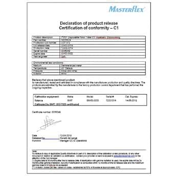 Masterflex Calibration Certificate , Five Points per F