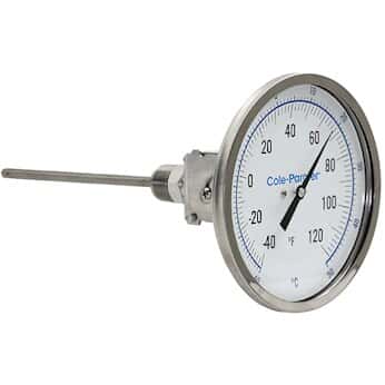 Cole-Parmer Industrial Bimetal Thermometer, 3” Dial, Adjustable Angle, 4” Stem, -40-120°F (-40-50°C)