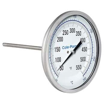 Cole-Parmer Industrial Bimetal Thermometer, 5” Dial, Back Connect,  9” Stem, 50/550F & 10/290C