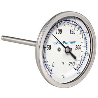 Cole-Parmer Industrial Bimetal Thermometer, 3” Dial, Back Connect,  6” Stem, 0/250F & -20/120C