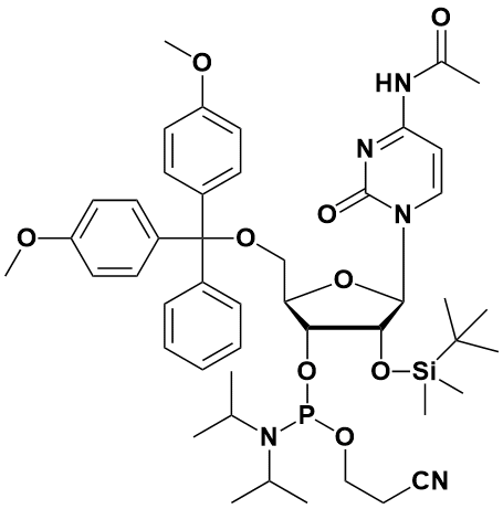 (2S,3S,4S,5S)-5-(4-乙酰氨基-2-氧嘧啶-1(2H)-基)-2-((双(4-甲氧基苯基)(苯基)甲氧基)甲基)-4-((叔丁基二甲基硅烷基)氧基)四氢呋喃-3-基(2-氰基乙基)二异丙基磷酰胺|Ac-Rcphosphoramidite|121058-88-6|源叶|5g