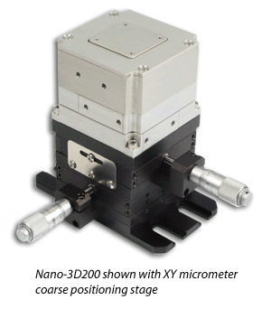 three axis nanopositioner shown with two axis manual micrometer stage