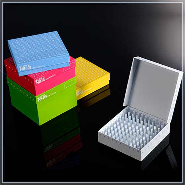 2英寸 PC冻存盒，25格，PC材质， 盖子顶面有网格数字定位，75*75*53mm，耐受-196℃ ~121℃，红黄绿蓝白5种颜色隔断， 5个/袋，6袋/箱